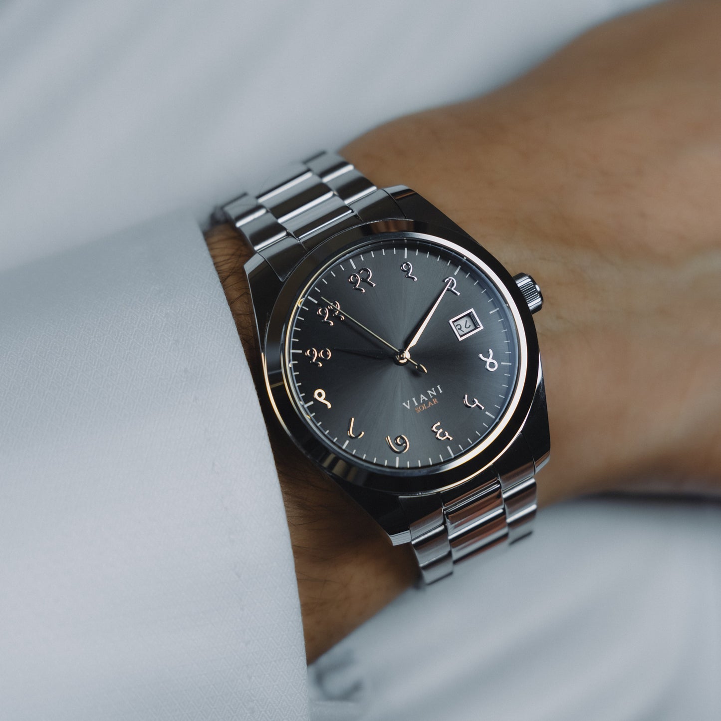 On wrist VIANI Watch Company Hindi Numeral, Midnight Black Dial Face with Sunray Dial Effect, Silver Hour Minute and Second Hands, Hindi Numeral Date Wheel, Solar Movement, Stainless Steel Strap