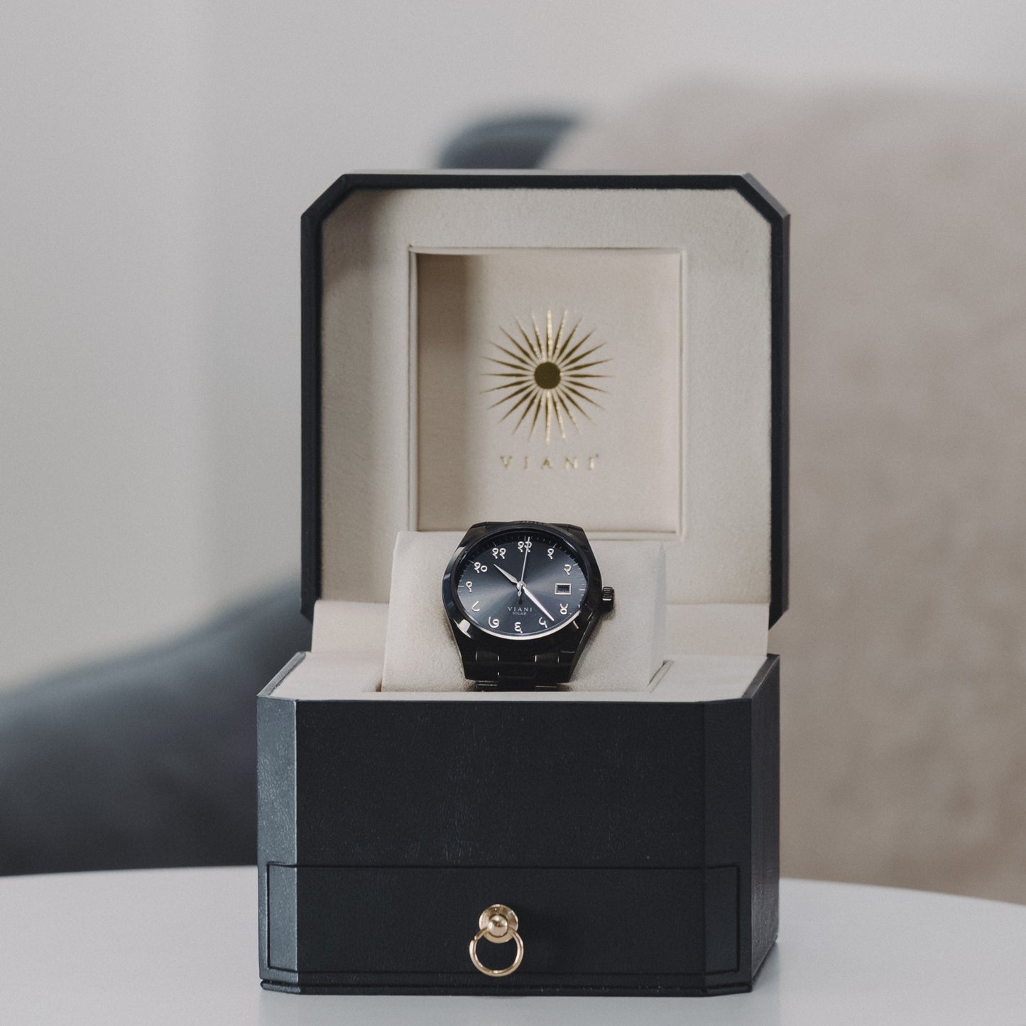 Unboxing of a VIANI Watch Company Hindi Numeral, Midnight Black Dial Face with Sunray Dial Effect, Silver Hour Minute and Second Hands, Hindi Numeral Date Wheel, Solar Movement, Black PVD Stainless Steel Strap