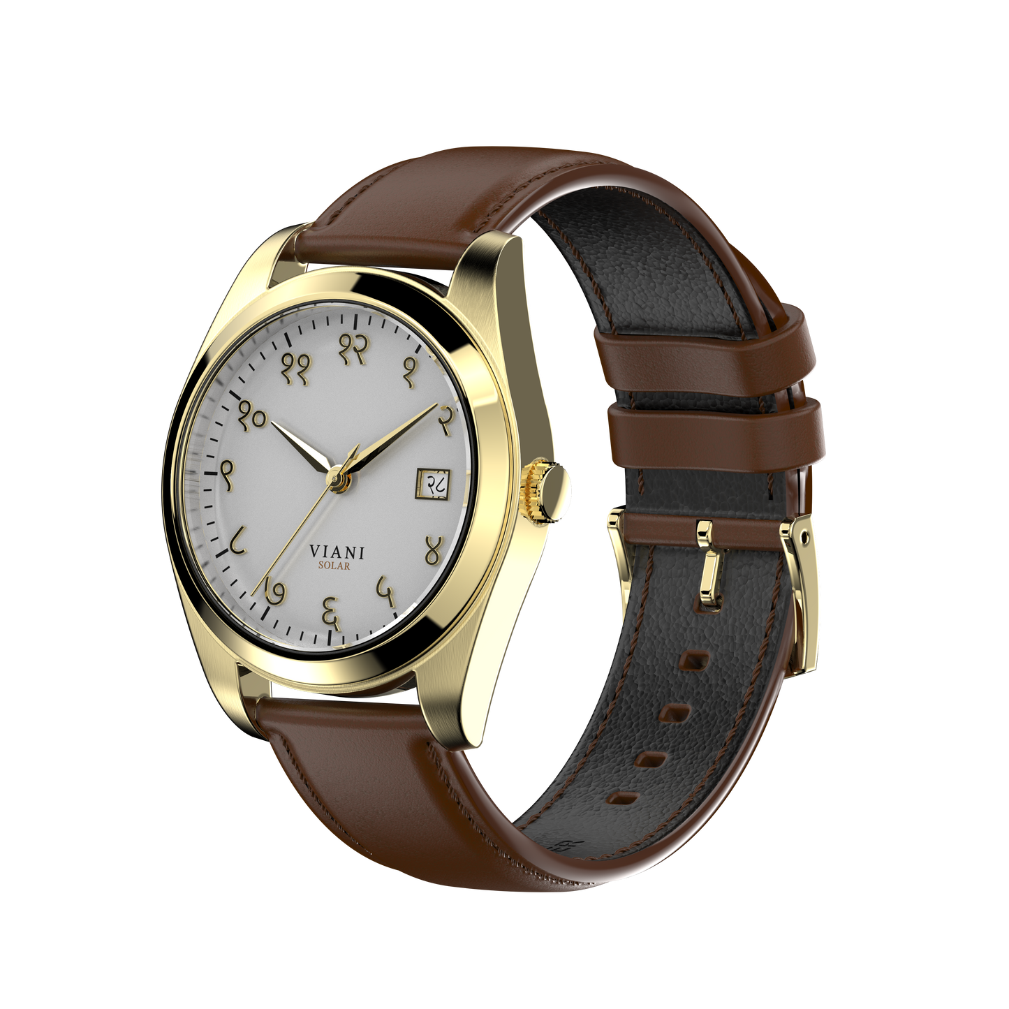 VIANI Watch Company Hindi Numeral, Off White Dial Face in Matte. Gold Hour Minute and Second Hands, Hindi Numeral Date Wheel, Solar Movement, Brown Full Grain Leather Strap