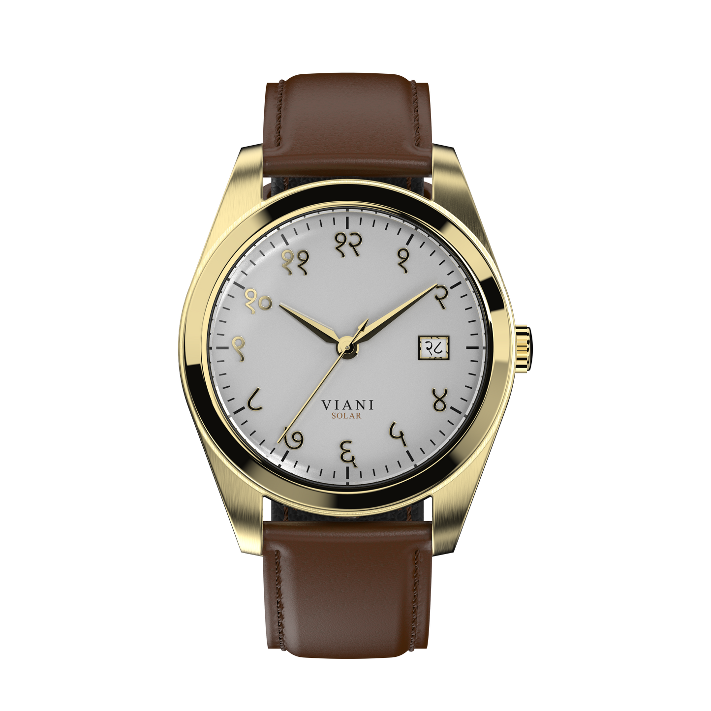 VIANI Watch Company Hindi Numeral, Off White Dial Face in Matte. Gold Hour Minute and Second Hands, Hindi Numeral Date Wheel, Solar Movement, Brown Full Grain Leather Strap