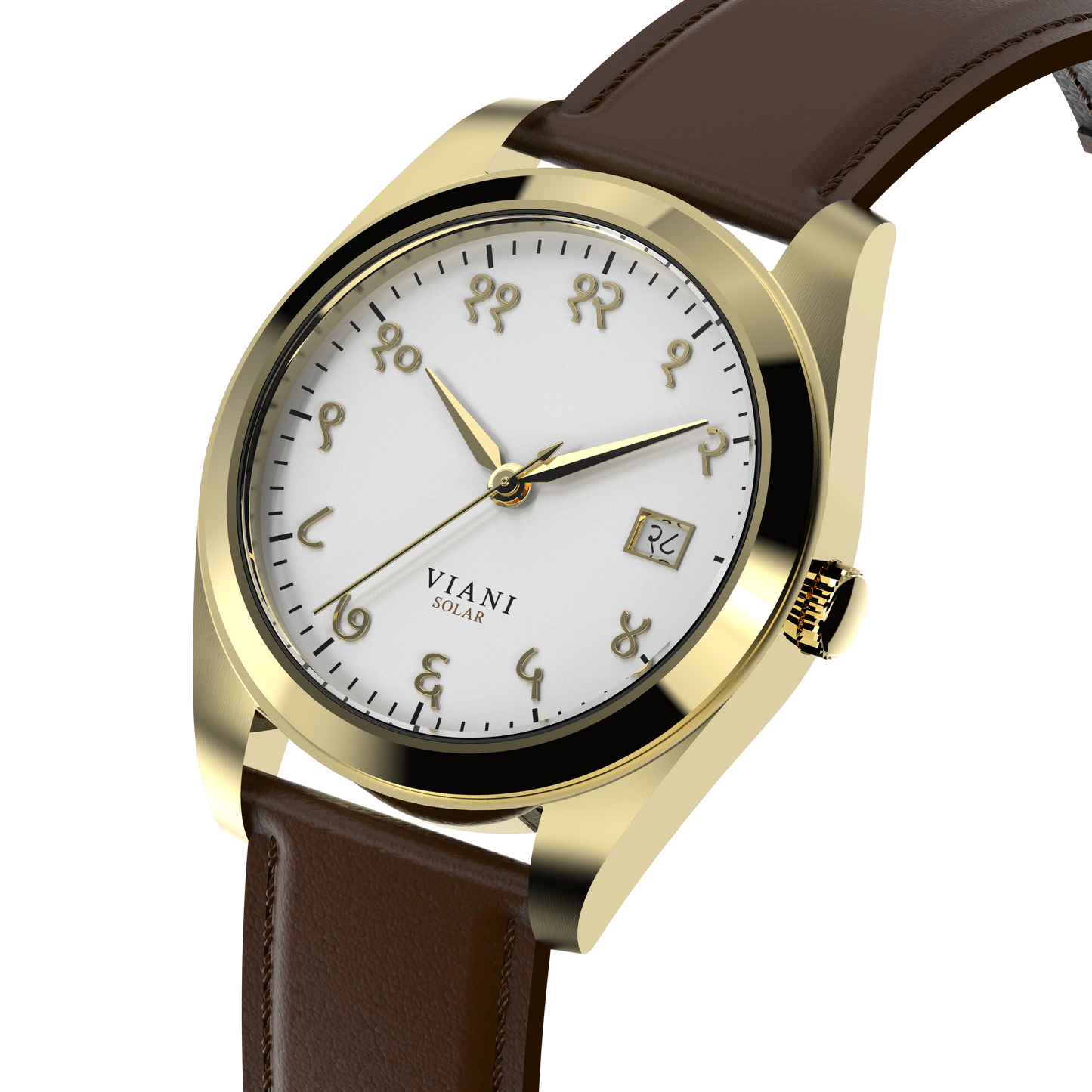 VIANI Watch Company Hindi Numeral, Off White Dial Face in Matte. Gold Hour Minute and Second Hands, Hindi Numeral Date Wheel, Solar Movement, Brown Full Grain Leather Strap