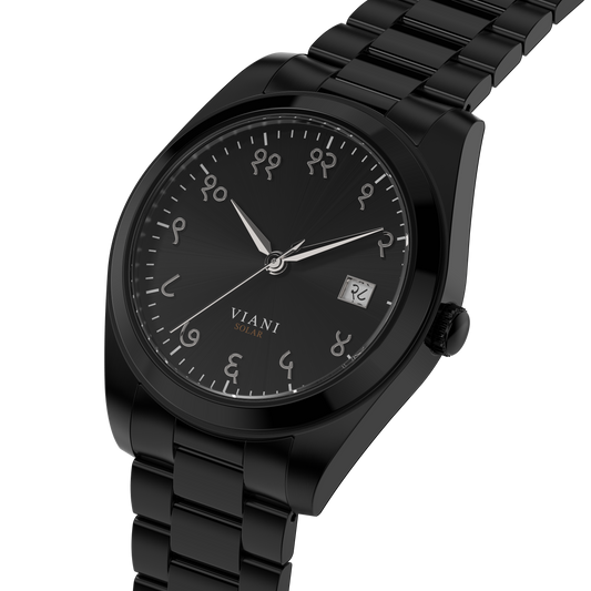 VIANI Watch Company Hindi Numeral, Midnight Black Dial Face with Sunray Dial Effect, Silver Hour Minute and Second Hands, Hindi Numeral Date Wheel, Solar Movement, Black PVD Stainless Steel Strap