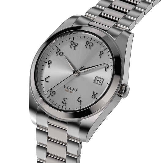 VIANI Watch Company Hindi Numeral, Timeless Silver Dial Face with Sunray Dial Effect, Silver Hour Minute and Second Hands, Hindi Numeral Date Wheel, Solar Movement, PVD Stainless Steel Strap