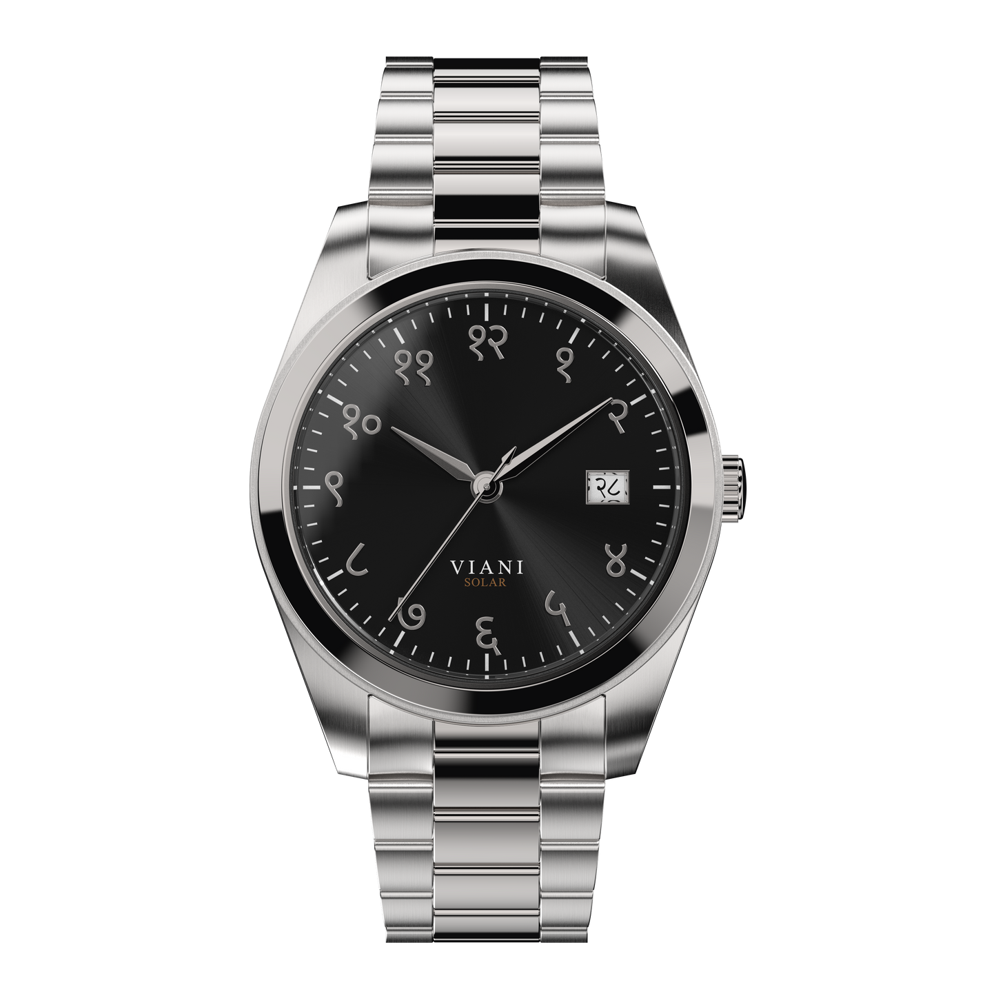 VIANI Watch Company Hindi Numeral, Midnight Black Dial Face with Sunray Dial Effect, Silver Hour Minute and Second Hands, Hindi Numeral Date Wheel, Solar Movement, Stainless Steel Strap