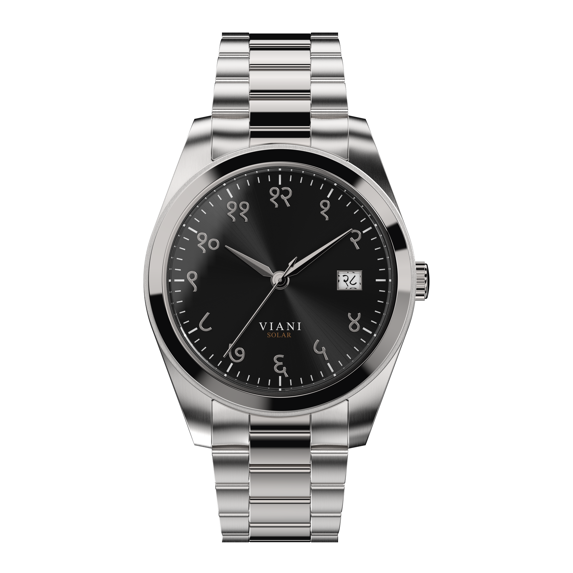 VIANI Watch Company Hindi Numeral, Midnight Black Dial Face with Sunray Dial Effect, Silver Hour Minute and Second Hands, Hindi Numeral Date Wheel, Solar Movement, Stainless Steel Strap