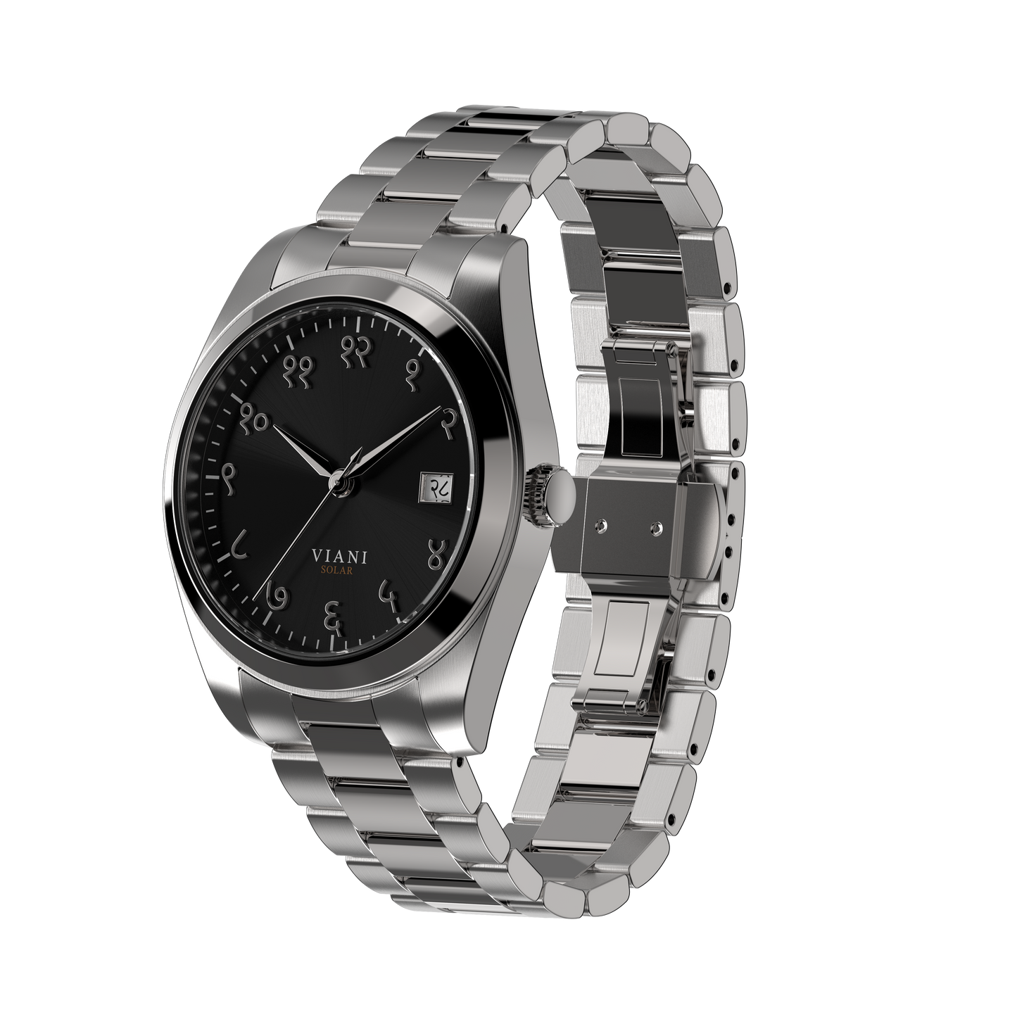 VIANI Watch Company Hindi Numeral, Midnight Black Dial Face with Sunray Dial Effect, Silver Hour Minute and Second Hands, Hindi Numeral Date Wheel, Solar Movement, Stainless Steel Strap. Butterfly Deployment Buckle