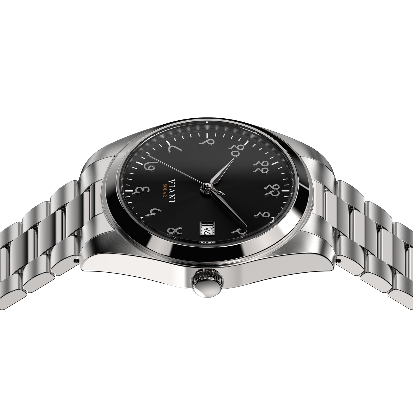 VIANI Watch Company Hindi Numeral, Midnight Black Dial Face with Sunray Dial Effect, Silver Hour Minute and Second Hands, Hindi Numeral Date Wheel, Solar Movement, Stainless Steel Strap