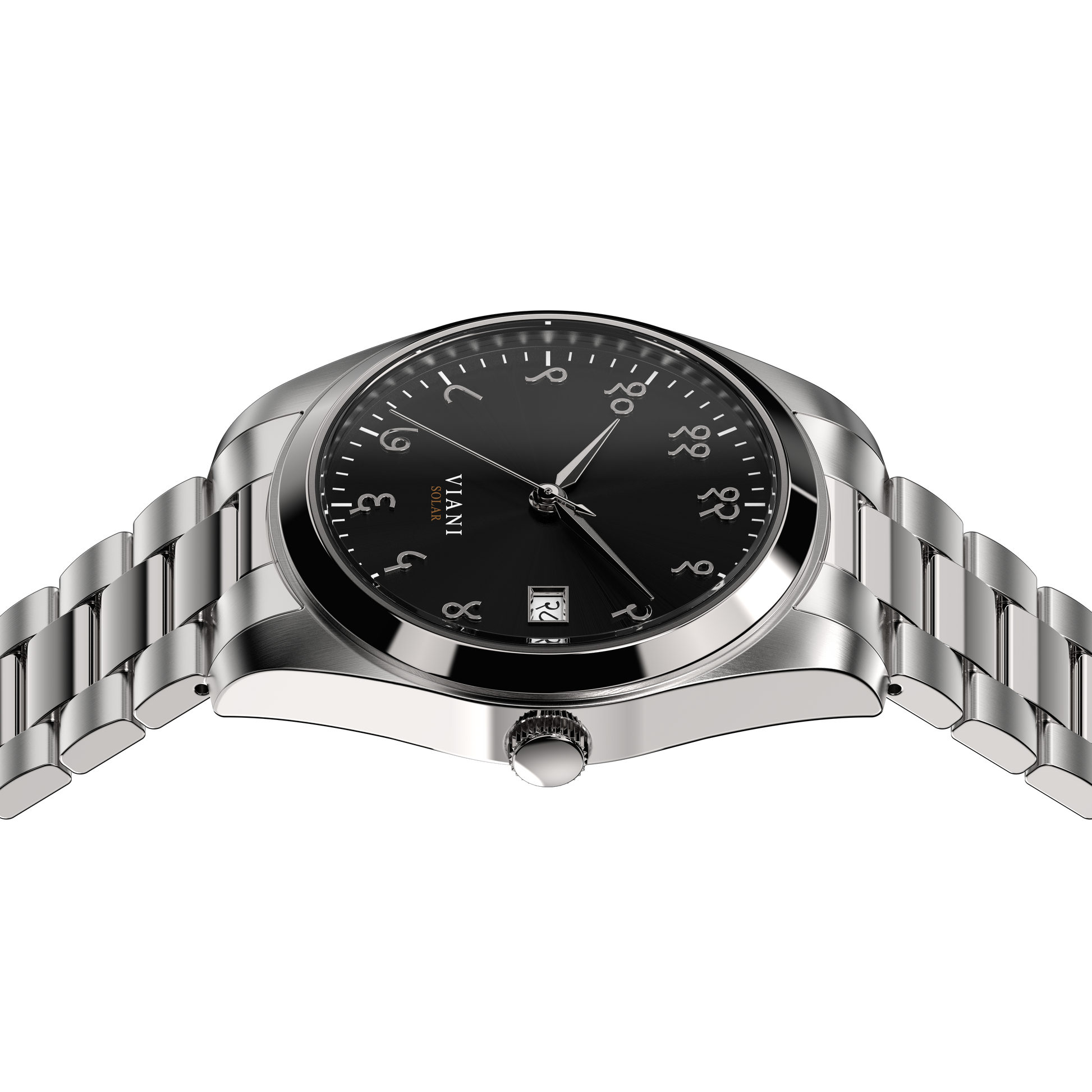VIANI Watch Company Hindi Numeral, Midnight Black Dial Face with Sunray Dial Effect, Silver Hour Minute and Second Hands, Hindi Numeral Date Wheel, Solar Movement, Stainless Steel Strap