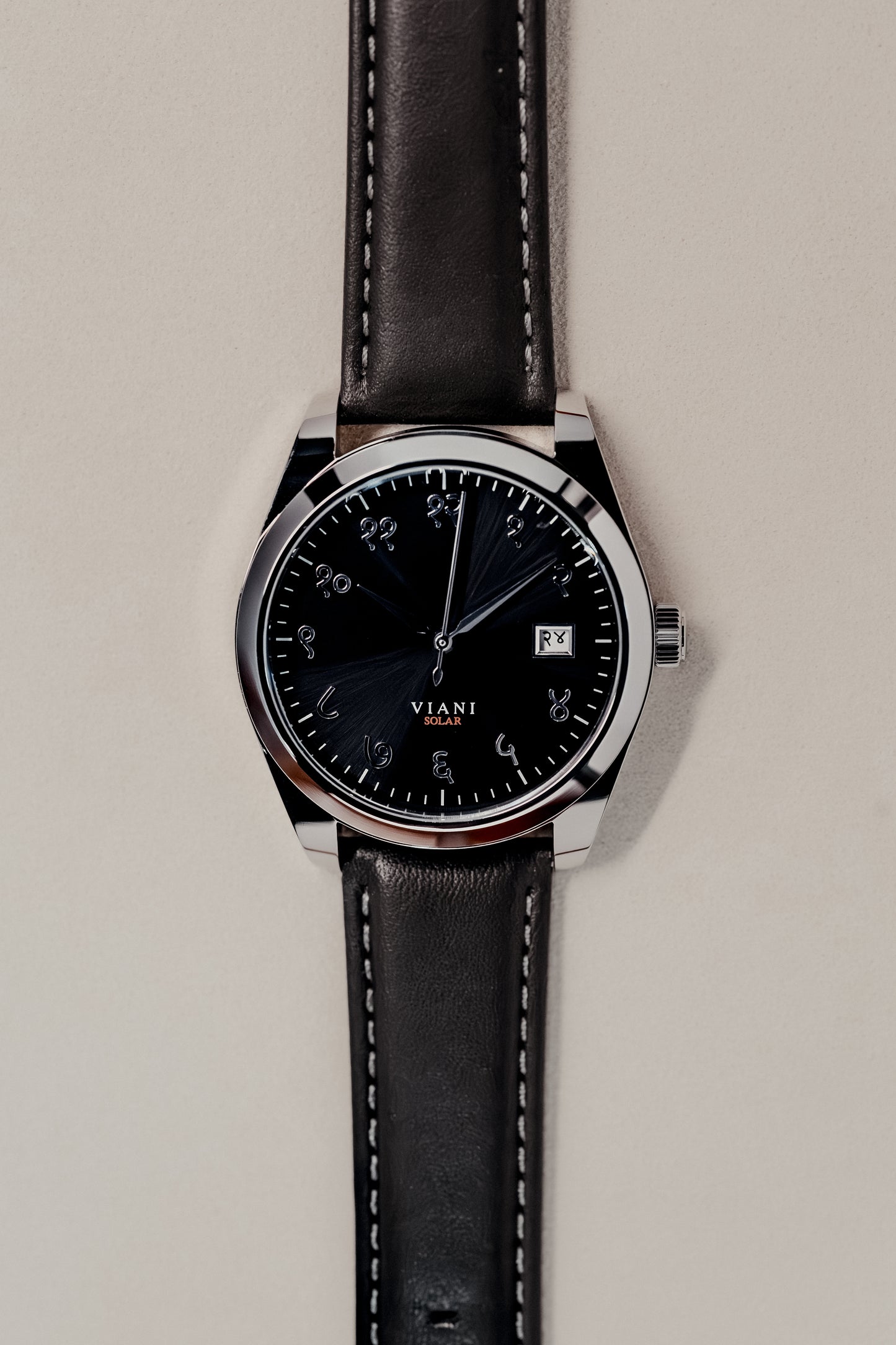 VIANI Watch Company Hindi Numeral,  Midnight Black Sunray Dial Face . SilverHour Minute and Second Hands, Hindi Numeral Date Wheel, Solar Movement, Black Full Grain Leather Strap