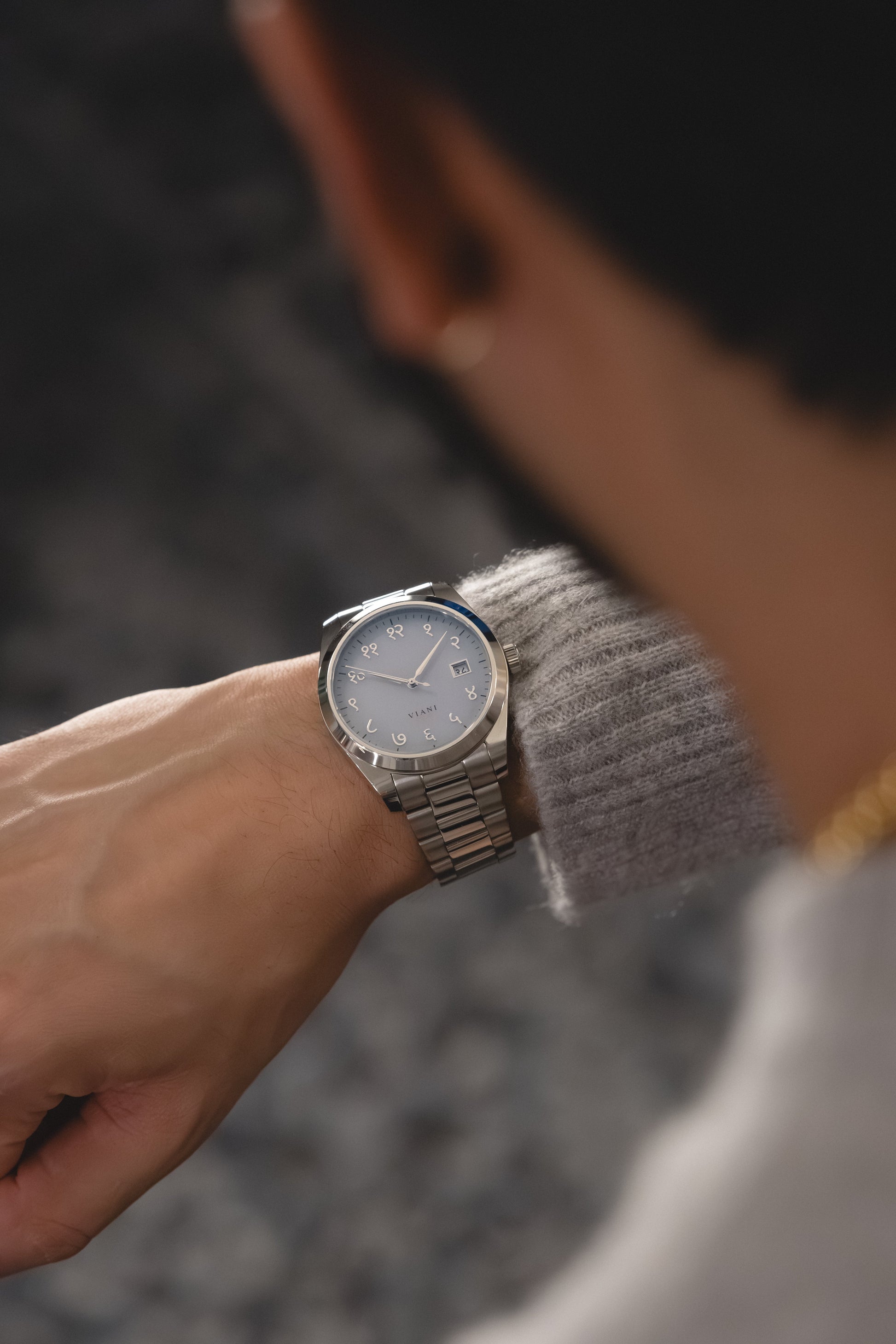 On wrist VIANI Watch Company Hindi Numeral, Off White Matte Dial Face, Silver Hour Minute and Second Hands, Hindi Numeral Date Wheel, Solar Movement, Stainless Steel Strap