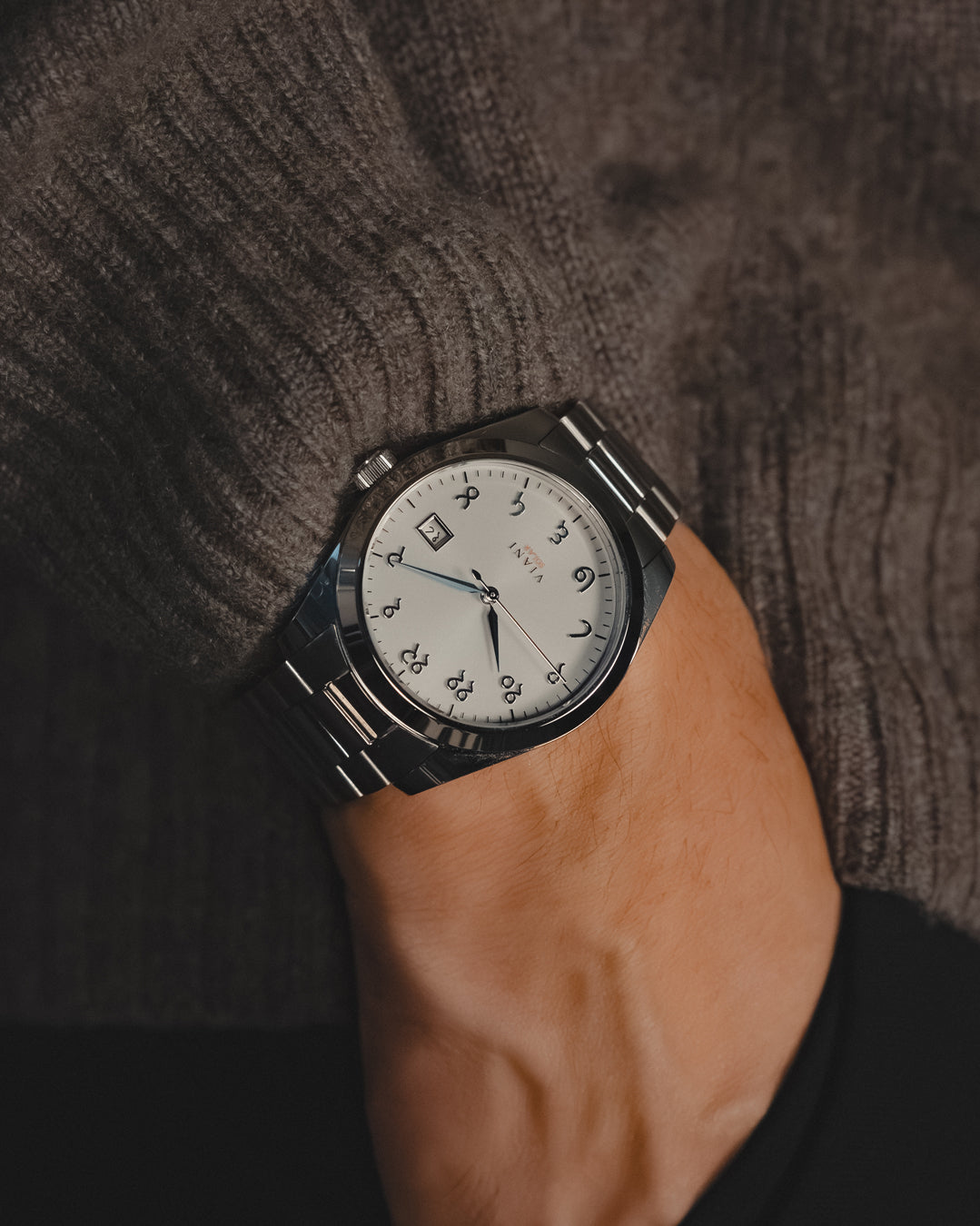 On Wrist VIANI Watch Company Hindi Numeral, Timeless Silver Dial Face with Sunray Dial Effect, Silver Hour Minute and Second Hands, Hindi Numeral Date Wheel, Solar Movement, PVD Stainless Steel Strap
