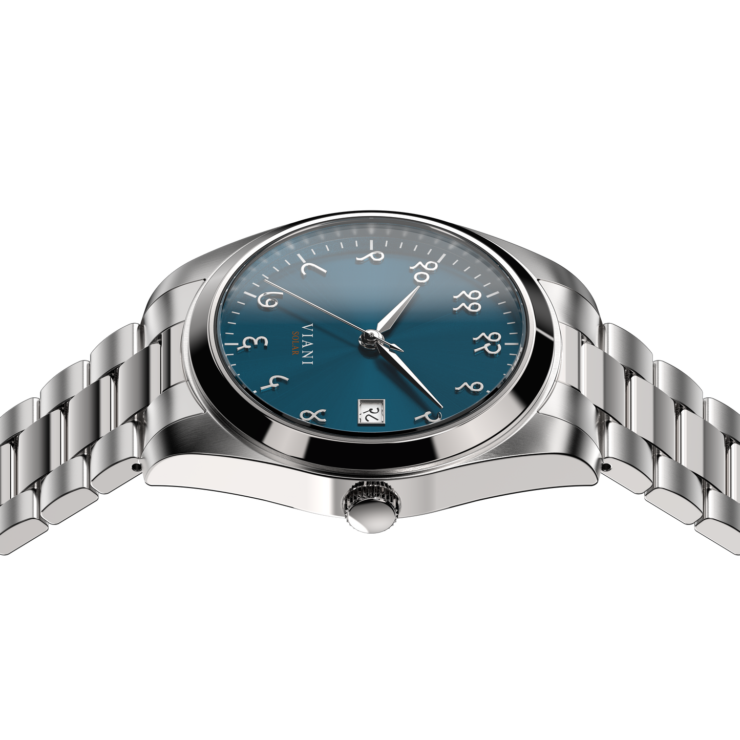VIANI Watch Company Hindi Numeral, Waterfall Blue Dial Face with Sunray Effect, Silver Hour Minute and Second Hands, Hindi Numeral Date Wheel, Solar Movement, PVD Stainless Steel Strap