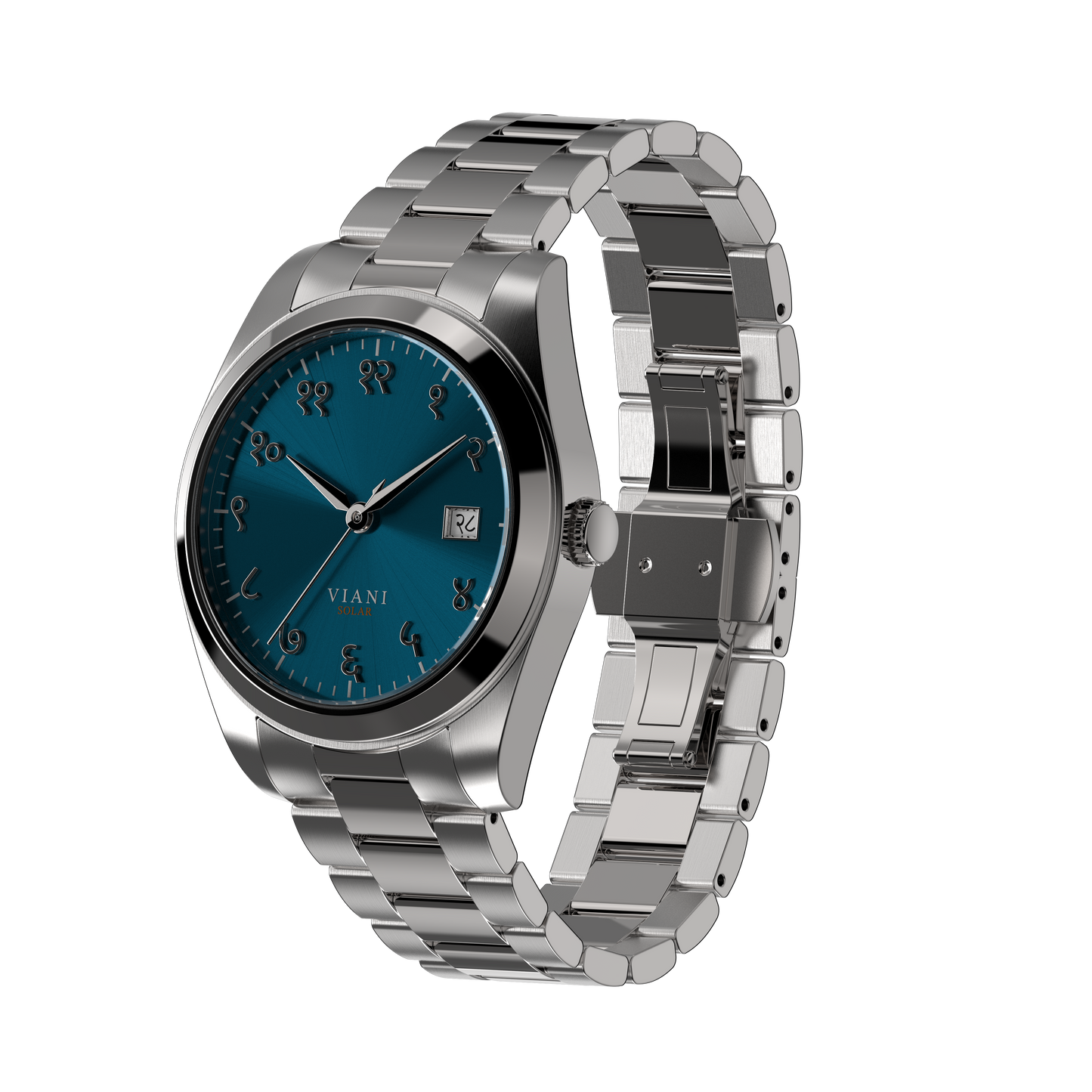 VIANI Watch Company Hindi Numeral, Waterfall Blue Dial Face with Sunray Effect, Silver Hour Minute and Second Hands, Hindi Numeral Date Wheel, Solar Movement, PVD Stainless Steel Strap