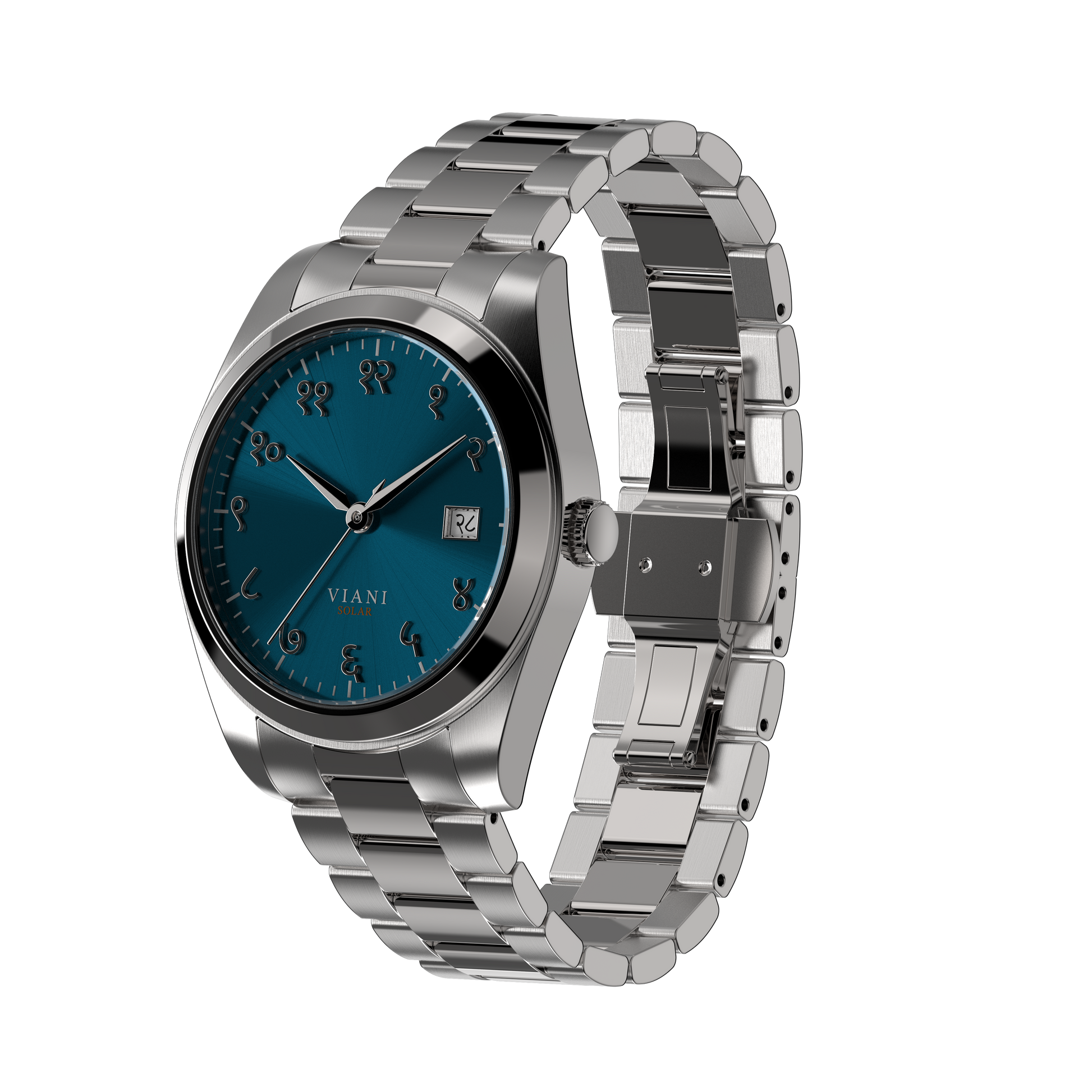 VIANI Watch Company Hindi Numeral, Waterfall Blue Dial Face with Sunray Effect, Silver Hour Minute and Second Hands, Hindi Numeral Date Wheel, Solar Movement, PVD Stainless Steel Strap