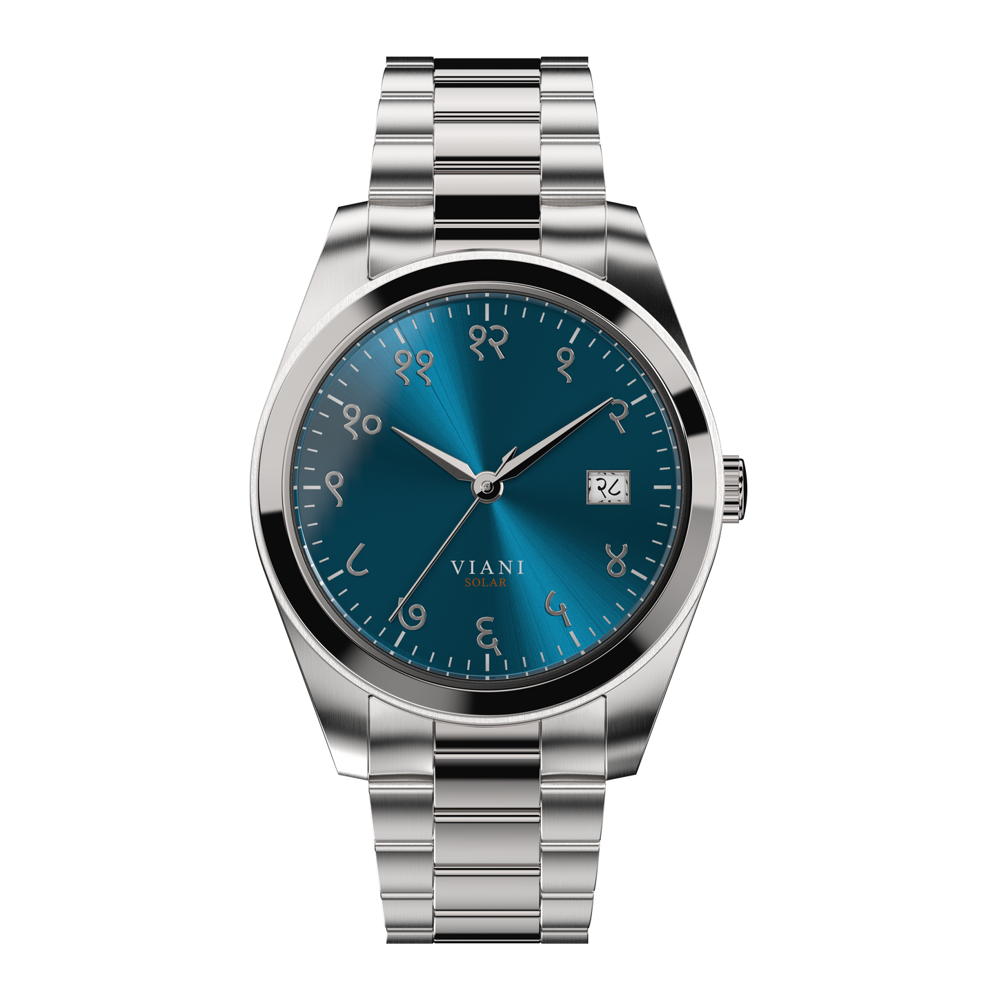 VIANI Watch Company Hindi Numeral, Waterfall Blue Dial Face with Sunray Effect, Silver Hour Minute and Second Hands, Hindi Numeral Date Wheel, Solar Movement, PVD Stainless Steel Strap