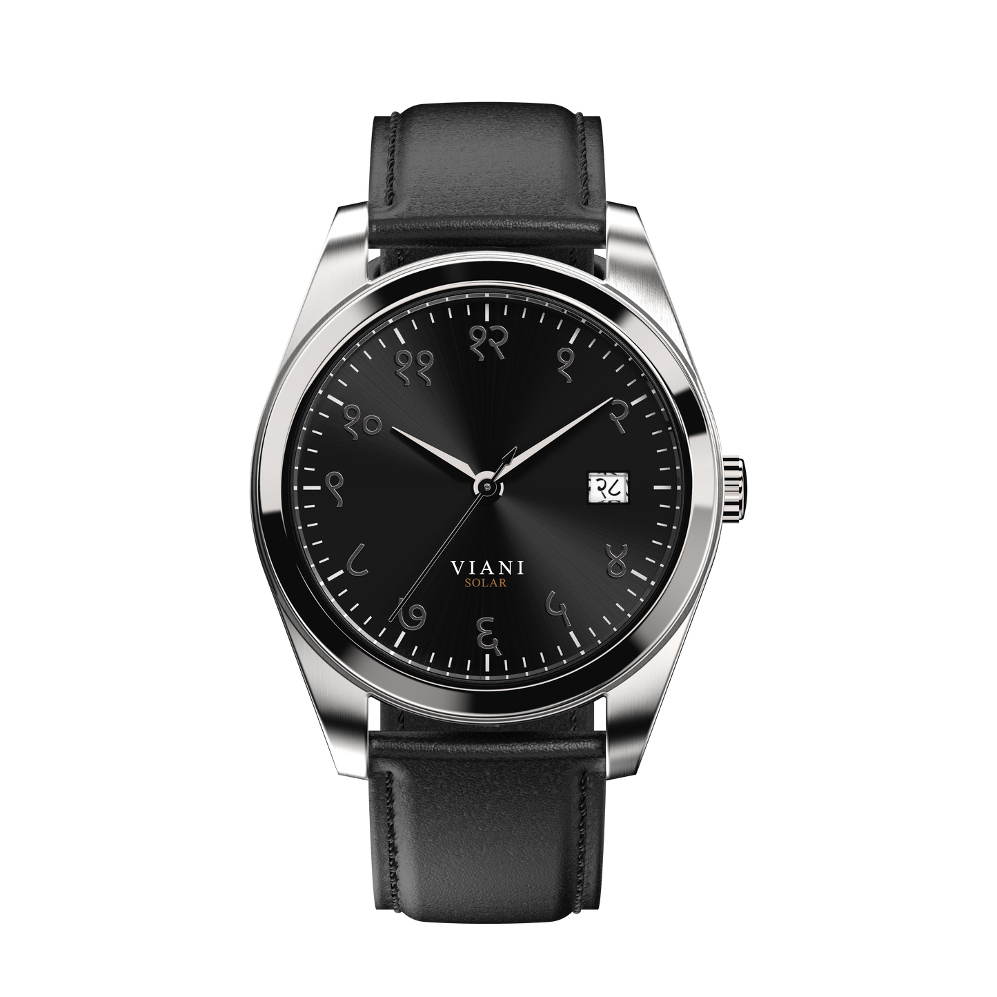 VIANI Watch Company Hindi Numeral,  Midnight Black Sunray Dial Face . SilverHour Minute and Second Hands, Hindi Numeral Date Wheel, Solar Movement, Black Full Grain Leather Strap