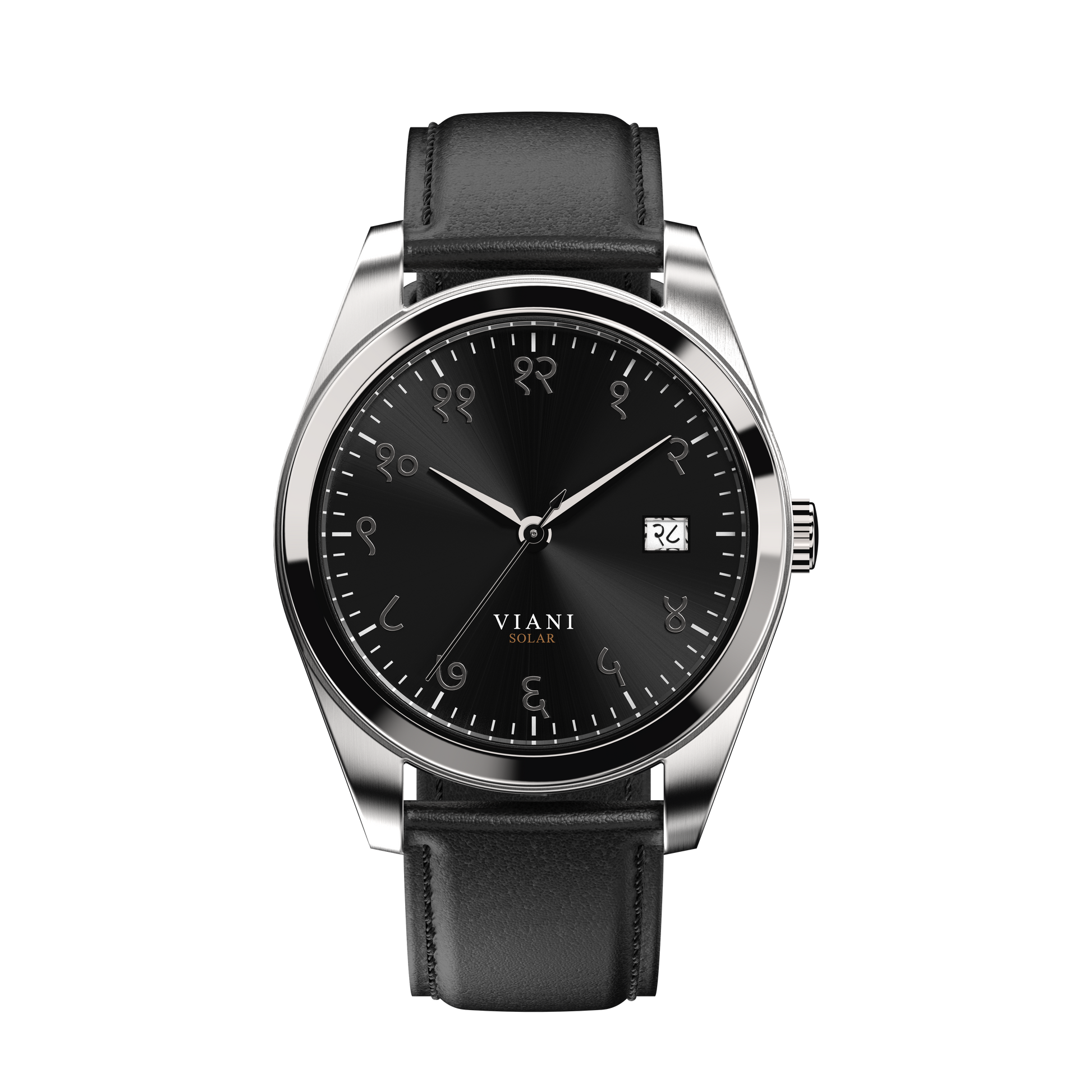VIANI Watch Company Hindi Numeral,  Midnight Black Sunray Dial Face . SilverHour Minute and Second Hands, Hindi Numeral Date Wheel, Solar Movement, Black Full Grain Leather Strap