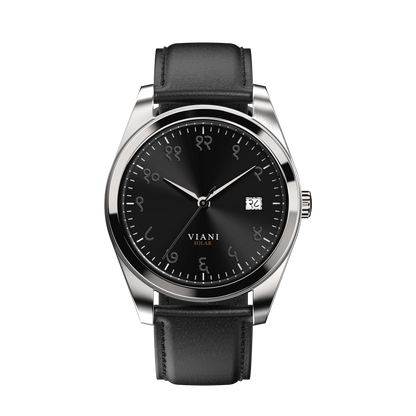 VIANI Watch Company Hindi Numeral,  Midnight Black Sunray Dial Face . SilverHour Minute and Second Hands, Hindi Numeral Date Wheel, Solar Movement, Black Full Grain Leather Strap