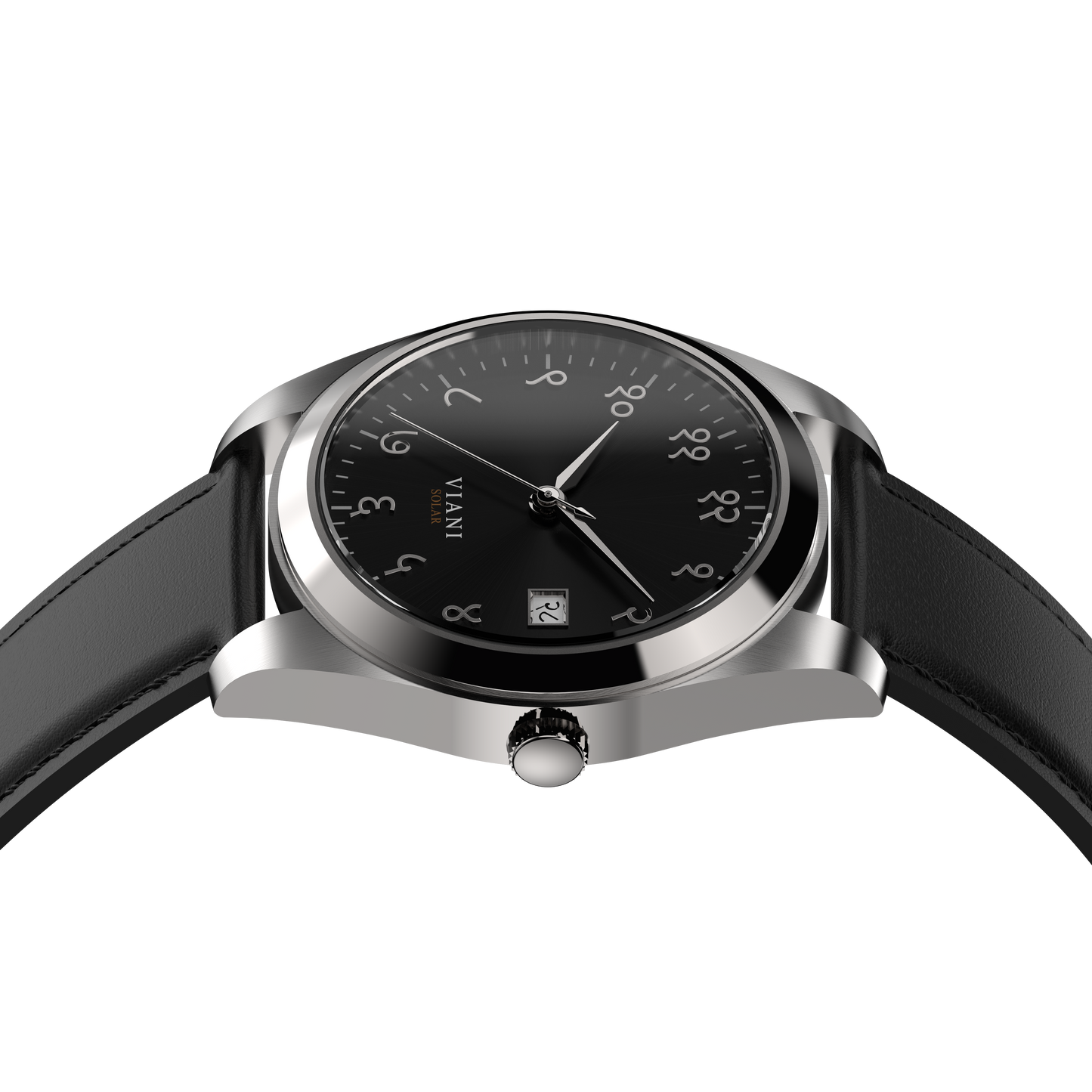 VIANI Watch Company Hindi Numeral,  Midnight Black Sunray Dial Face . SilverHour Minute and Second Hands, Hindi Numeral Date Wheel, Solar Movement, Black Full Grain Leather Strap