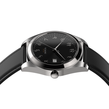 VIANI Watch Company Hindi Numeral,  Midnight Black Sunray Dial Face . SilverHour Minute and Second Hands, Hindi Numeral Date Wheel, Solar Movement, Black Full Grain Leather Strap
