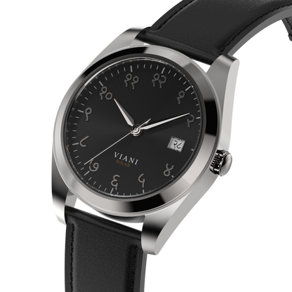 VIANI Watch Company Hindi Numeral,  Midnight Black Sunray Dial Face . SilverHour Minute and Second Hands, Hindi Numeral Date Wheel, Solar Movement, Black Full Grain Leather Strap