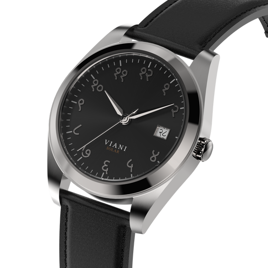 VIANI Watch Company Hindi Numeral,  Midnight Black Sunray Dial Face . SilverHour Minute and Second Hands, Hindi Numeral Date Wheel, Solar Movement, Black Full Grain Leather Strap