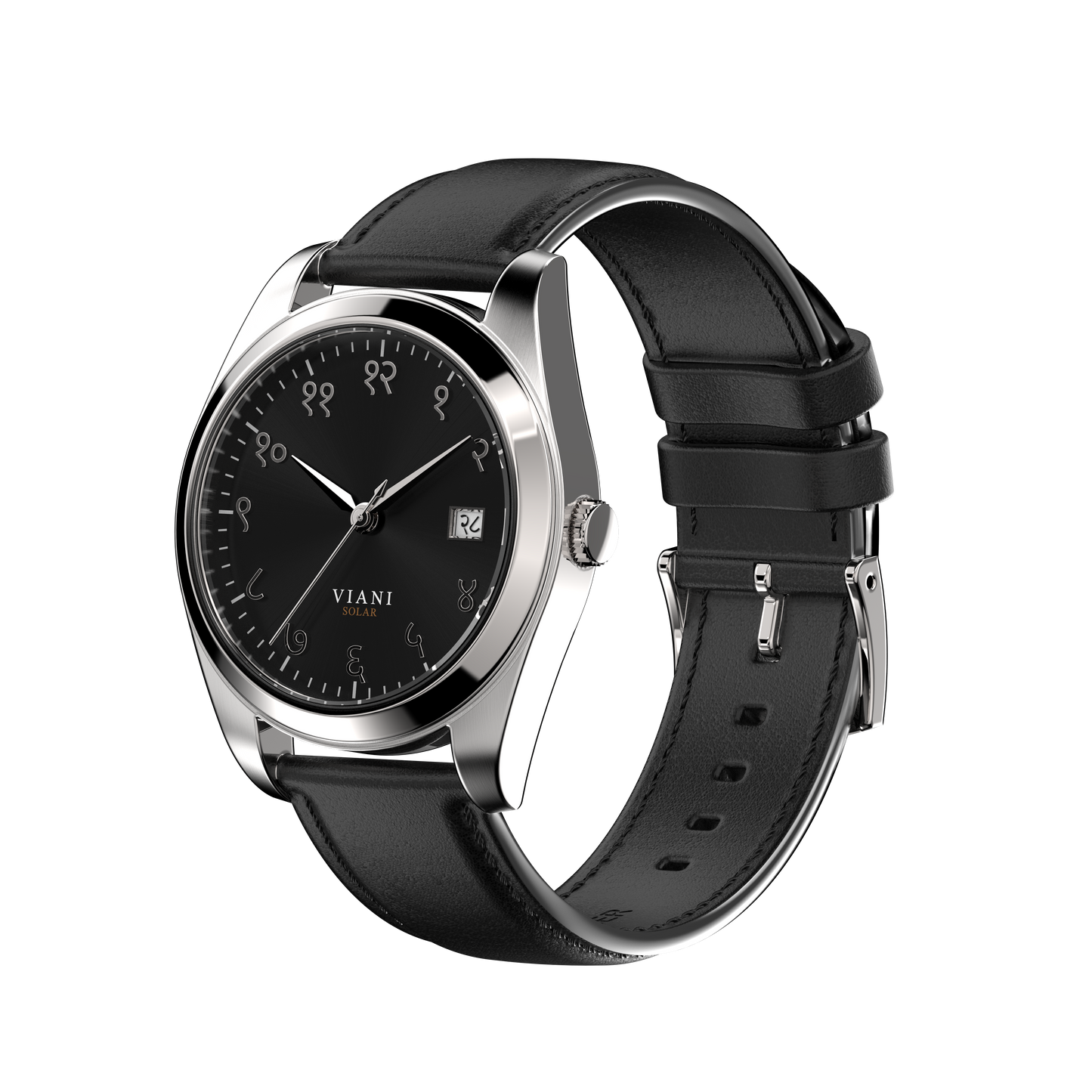 VIANI Watch Company Hindi Numeral,  Midnight Black Sunray Dial Face . SilverHour Minute and Second Hands, Hindi Numeral Date Wheel, Solar Movement, Black Full Grain Leather Strap