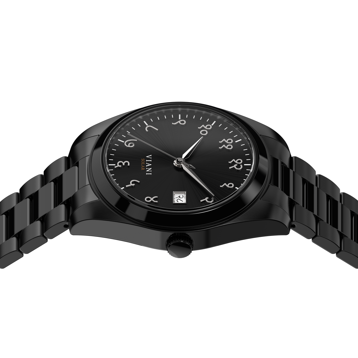 VIANI Watch Company Hindi Numeral, Midnight Black Dial Face with Sunray Dial Effect, Silver Hour Minute and Second Hands, Hindi Numeral Date Wheel, Solar Movement, Black PVD Stainless Steel Strap