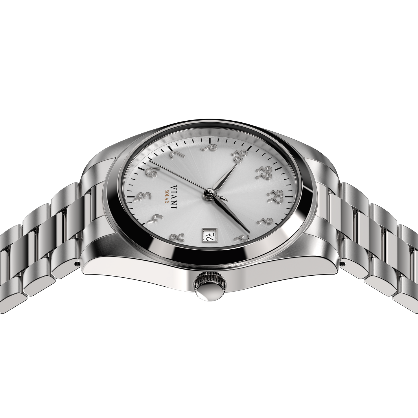 VIANI Watch Company Hindi Numeral, Timeless Silver Dial Face with Sunray Dial Effect, Silver Hour Minute and Second Hands, Hindi Numeral Date Wheel, Solar Movement, PVD Stainless Steel Strap