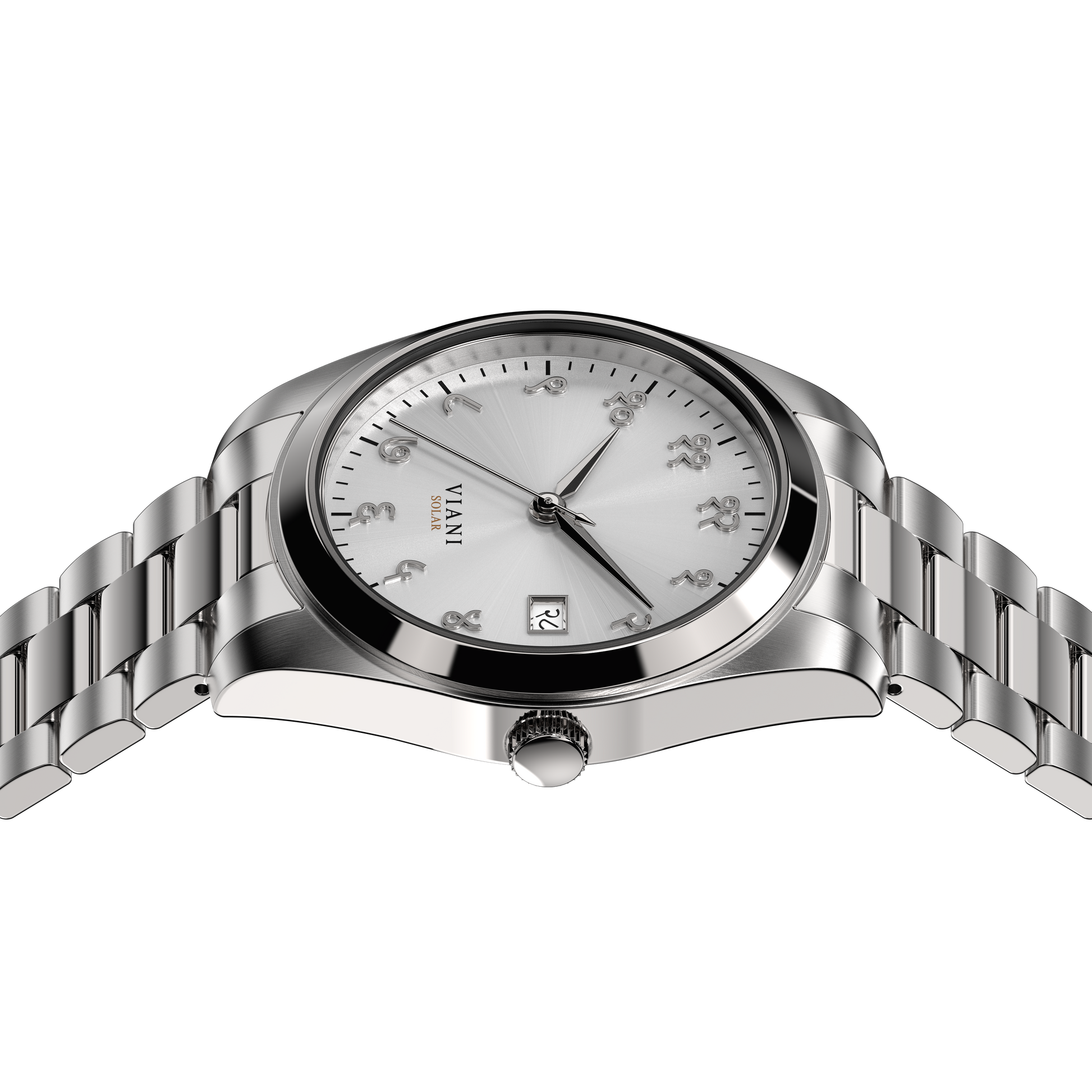 VIANI Watch Company Hindi Numeral, Timeless Silver Dial Face with Sunray Dial Effect, Silver Hour Minute and Second Hands, Hindi Numeral Date Wheel, Solar Movement, PVD Stainless Steel Strap