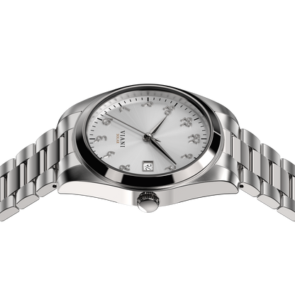 VIANI Watch Company Hindi Numeral, Timeless Silver Dial Face with Sunray Dial Effect, Silver Hour Minute and Second Hands, Hindi Numeral Date Wheel, Solar Movement, PVD Stainless Steel Strap