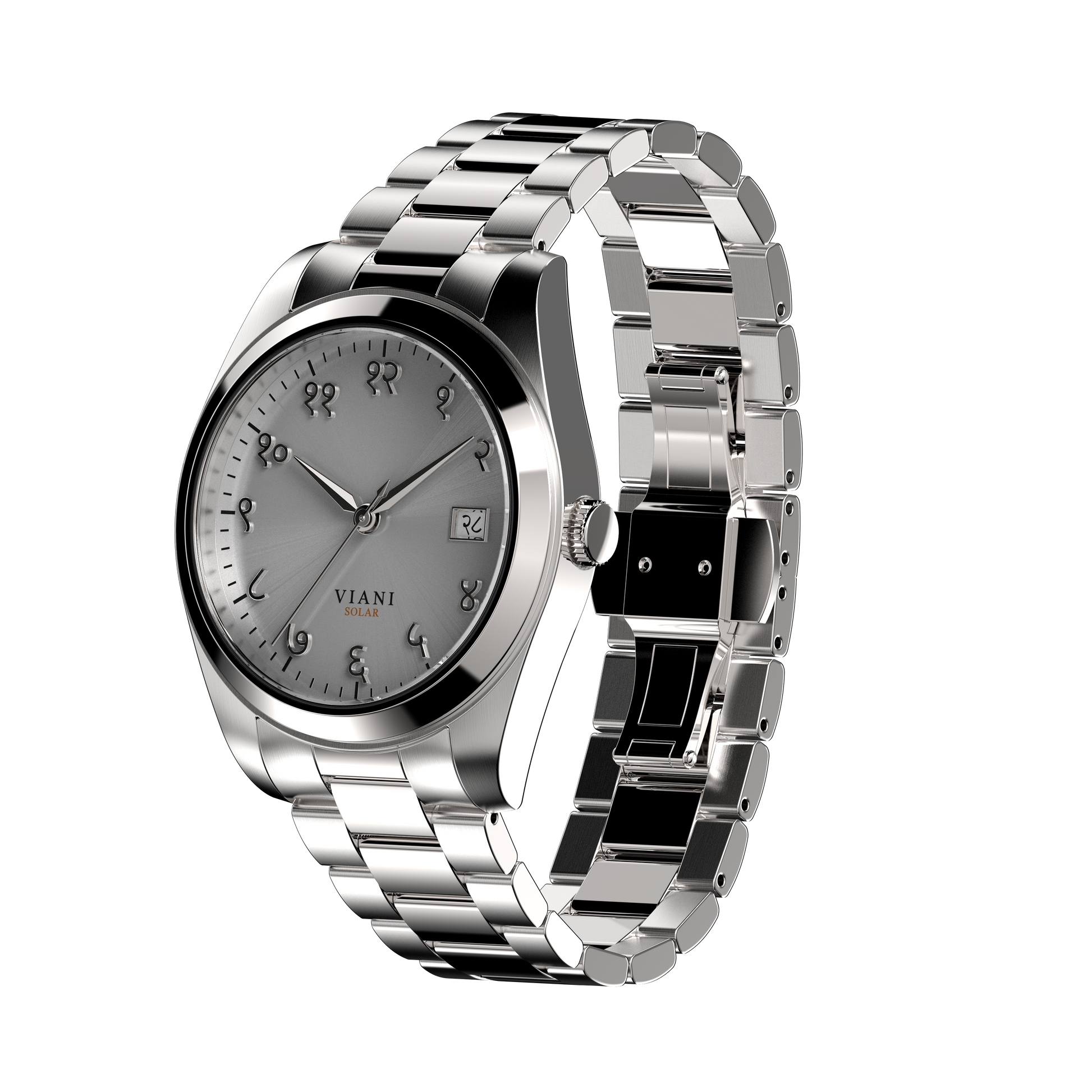 VIANI Watch Company Hindi Numeral, Timeless Silver Dial Face with Sunray Dial Effect, Silver Hour Minute and Second Hands, Hindi Numeral Date Wheel, Solar Movement, PVD Stainless Steel Strap. Butterfly Deployment Clasp