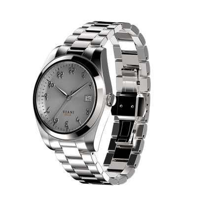 VIANI Watch Company Hindi Numeral, Timeless Silver Dial Face with Sunray Dial Effect, Silver Hour Minute and Second Hands, Hindi Numeral Date Wheel, Solar Movement, PVD Stainless Steel Strap. Butterfly Deployment Clasp