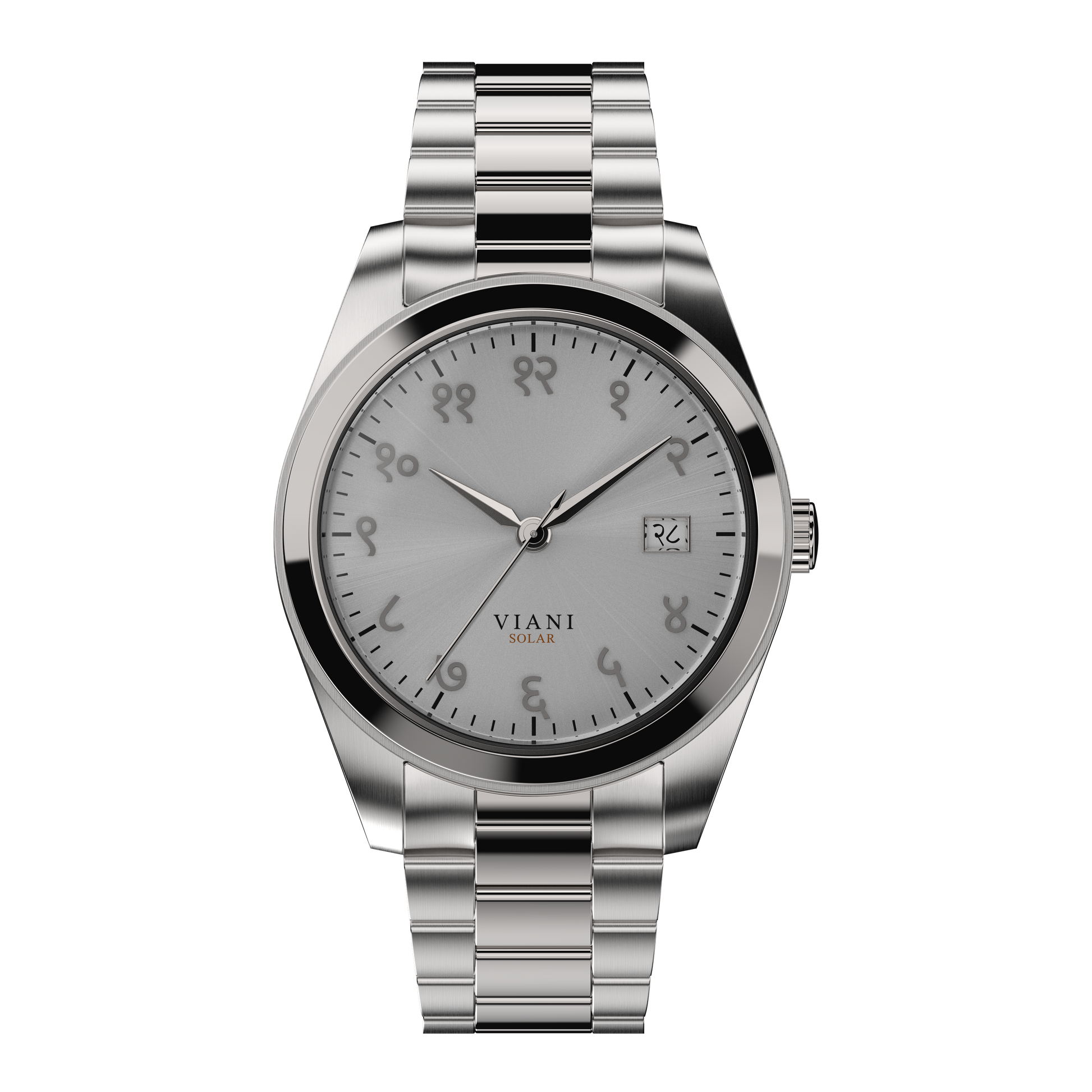 VIANI Watch Company Hindi Numeral, Timeless Silver Dial Face with Sunray Dial Effect, Silver Hour Minute and Second Hands, Hindi Numeral Date Wheel, Solar Movement, PVD Stainless Steel Strap