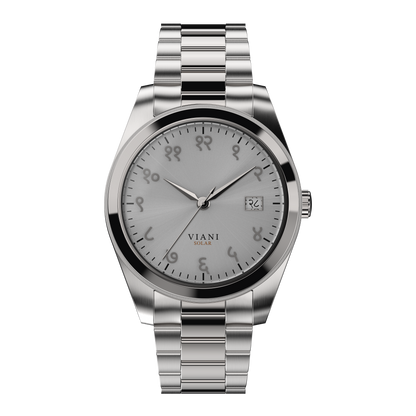 VIANI Watch Company Hindi Numeral, Timeless Silver Dial Face with Sunray Dial Effect, Silver Hour Minute and Second Hands, Hindi Numeral Date Wheel, Solar Movement, PVD Stainless Steel Strap