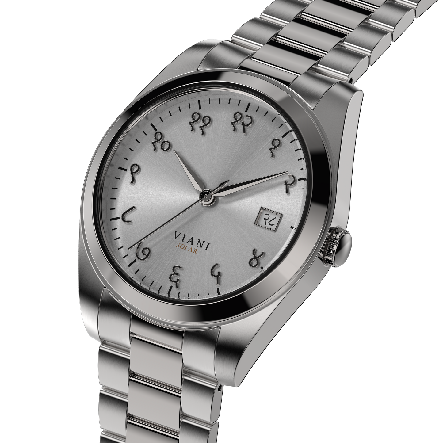 VIANI Watch Company Hindi Numeral, Timeless Silver Dial Face with Sunray Dial Effect, Silver Hour Minute and Second Hands, Hindi Numeral Date Wheel, Solar Movement, PVD Stainless Steel Strap