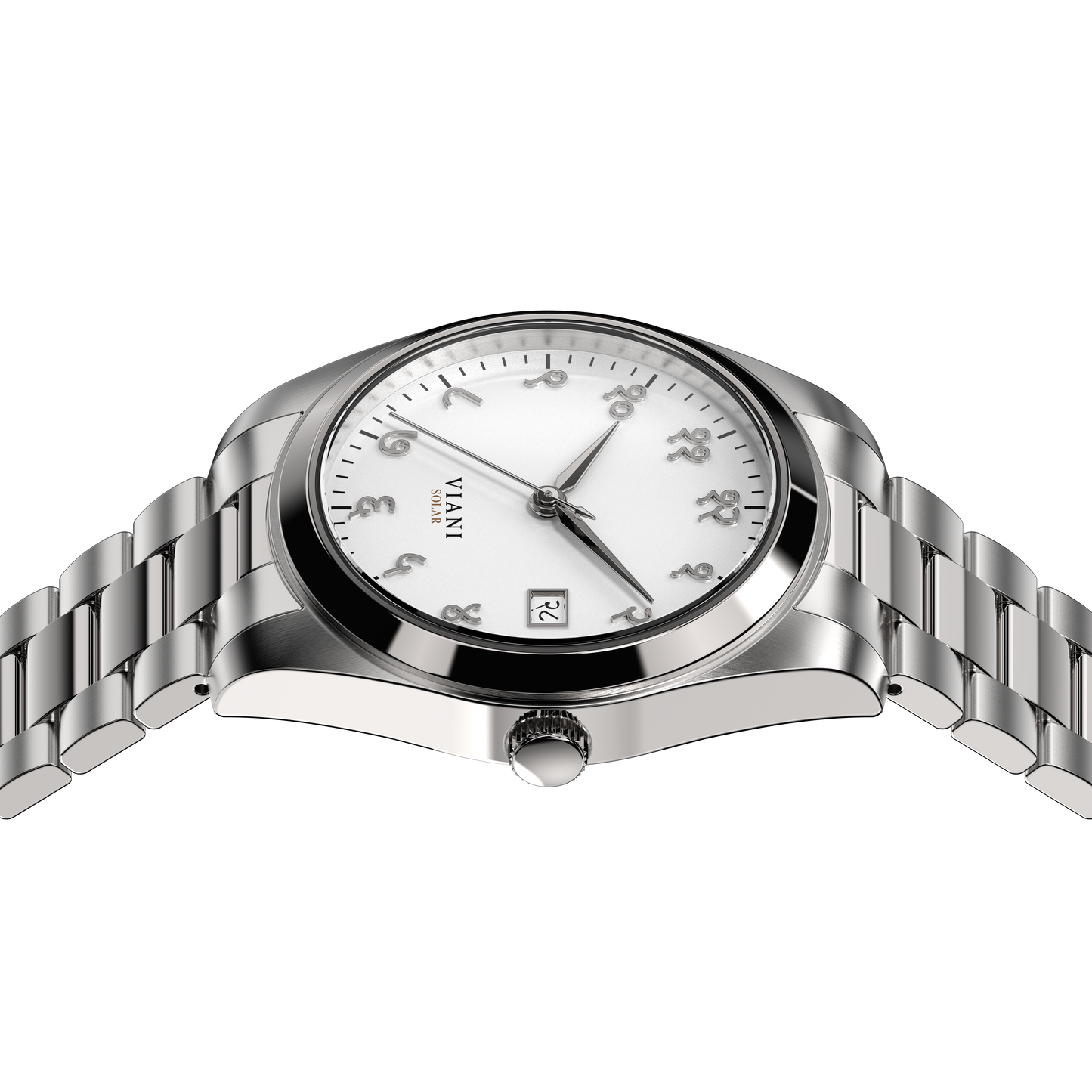 VIANI Watch Company Hindi Numeral, Off White Matte Dial Face, Silver Hour Minute and Second Hands, Hindi Numeral Date Wheel, Solar Movement, Stainless Steel Strap