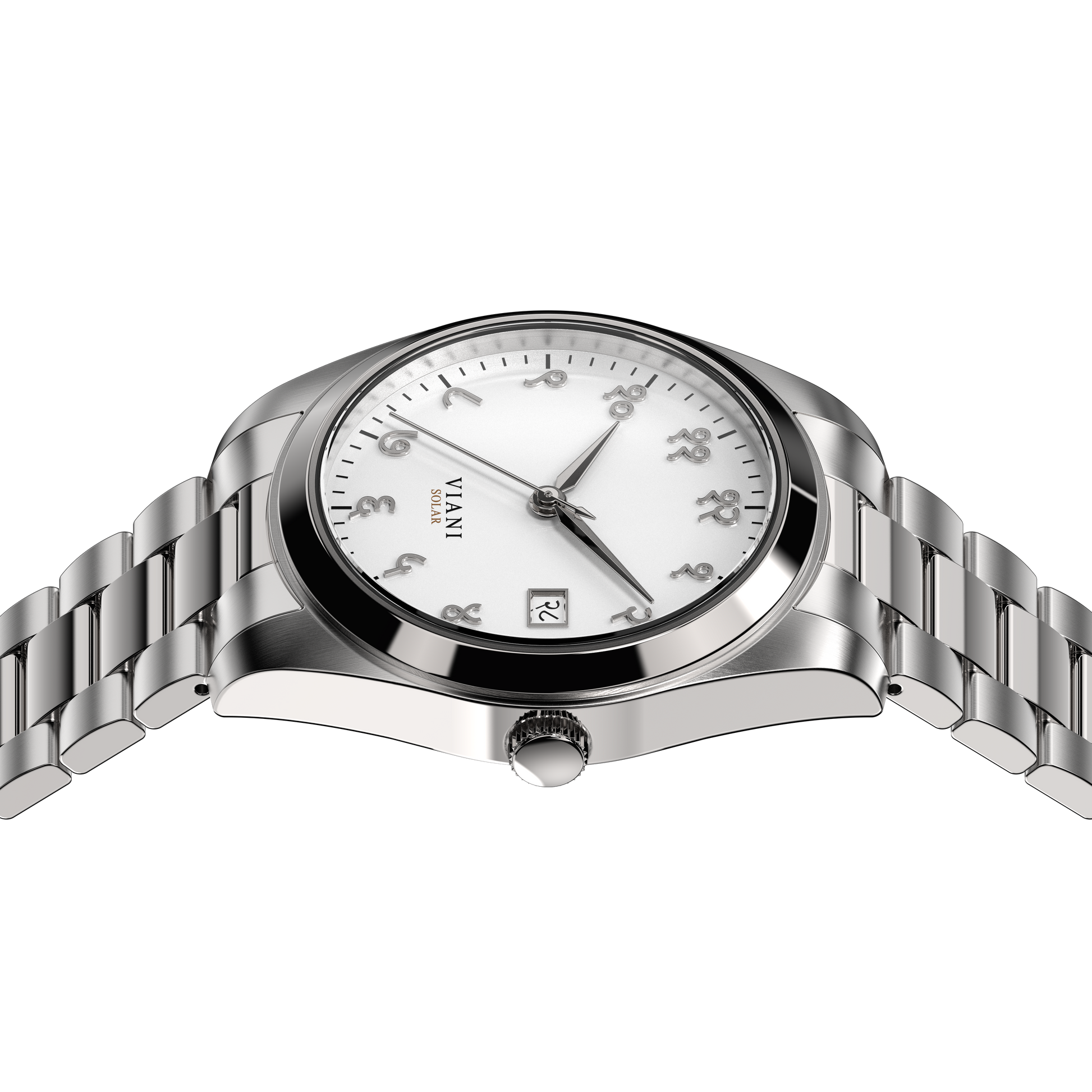 VIANI Watch Company Hindi Numeral, Off White Matte Dial Face, Silver Hour Minute and Second Hands, Hindi Numeral Date Wheel, Solar Movement, Stainless Steel Strap