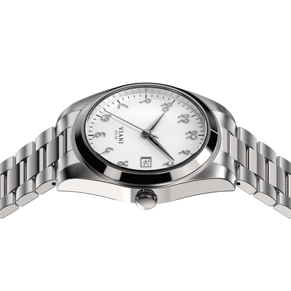 VIANI Watch Company Hindi Numeral, Off White Matte Dial Face, Silver Hour Minute and Second Hands, Hindi Numeral Date Wheel, Solar Movement, Stainless Steel Strap