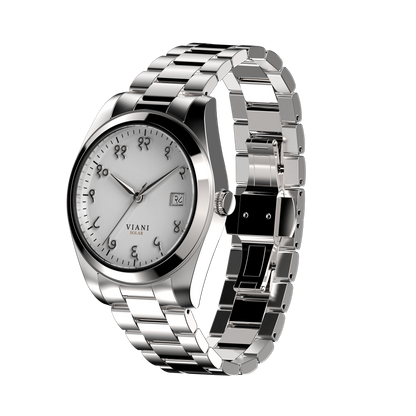VIANI Watch Company Hindi Numeral, Off White Matte Dial Face, Silver Hour Minute and Second Hands, Hindi Numeral Date Wheel, Solar Movement, Stainless Steel Strap