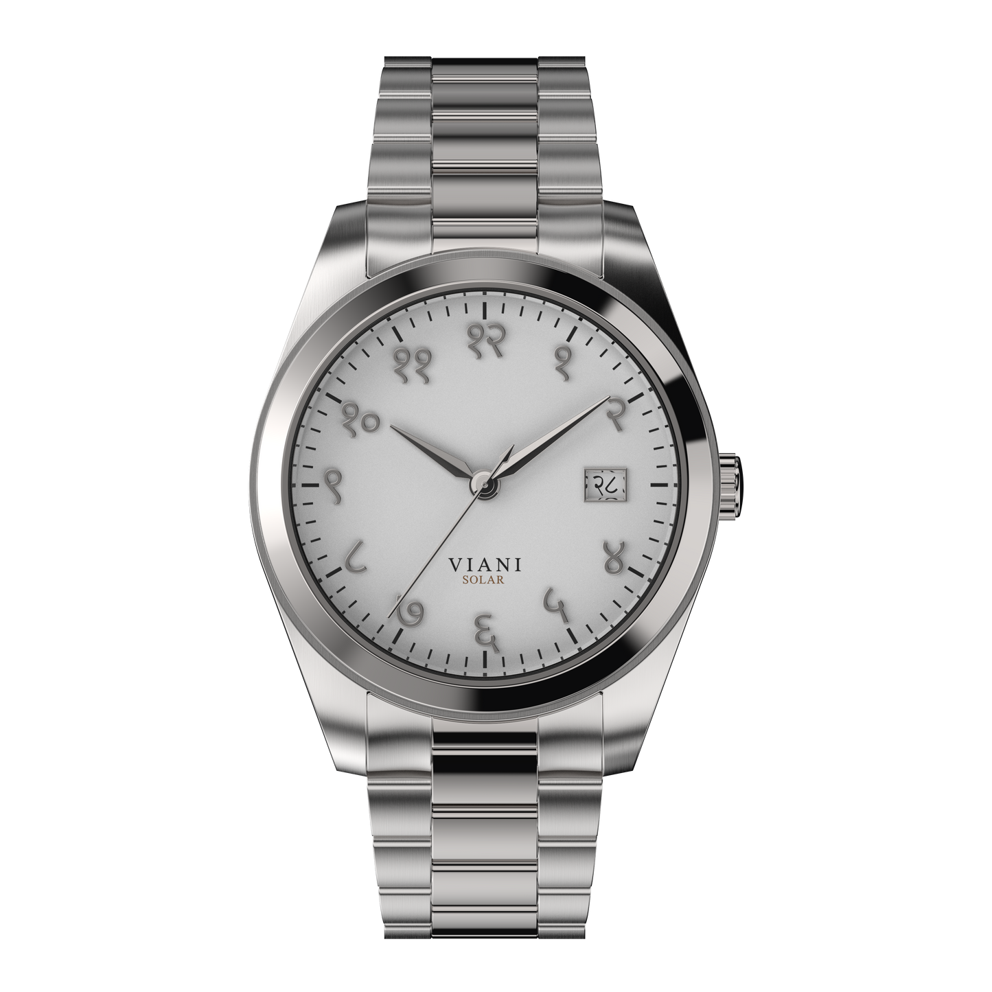 VIANI Watch Company Hindi Numeral, Off White Matte Dial Face, Silver Hour Minute and Second Hands, Hindi Numeral Date Wheel, Solar Movement, Stainless Steel Strap