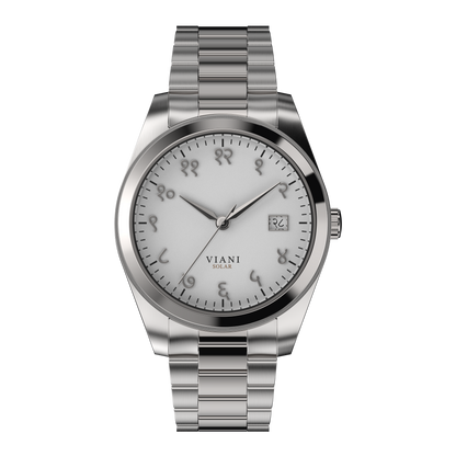 VIANI Watch Company Hindi Numeral, Off White Matte Dial Face, Silver Hour Minute and Second Hands, Hindi Numeral Date Wheel, Solar Movement, Stainless Steel Strap