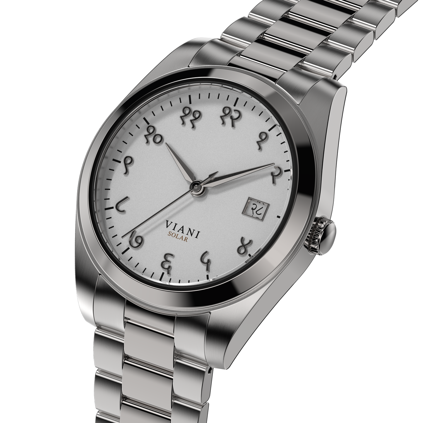VIANI Watch Company Hindi Numeral, Off White Matte Dial Face, Silver Hour Minute and Second Hands, Hindi Numeral Date Wheel, Solar Movement, Stainless Steel Strap