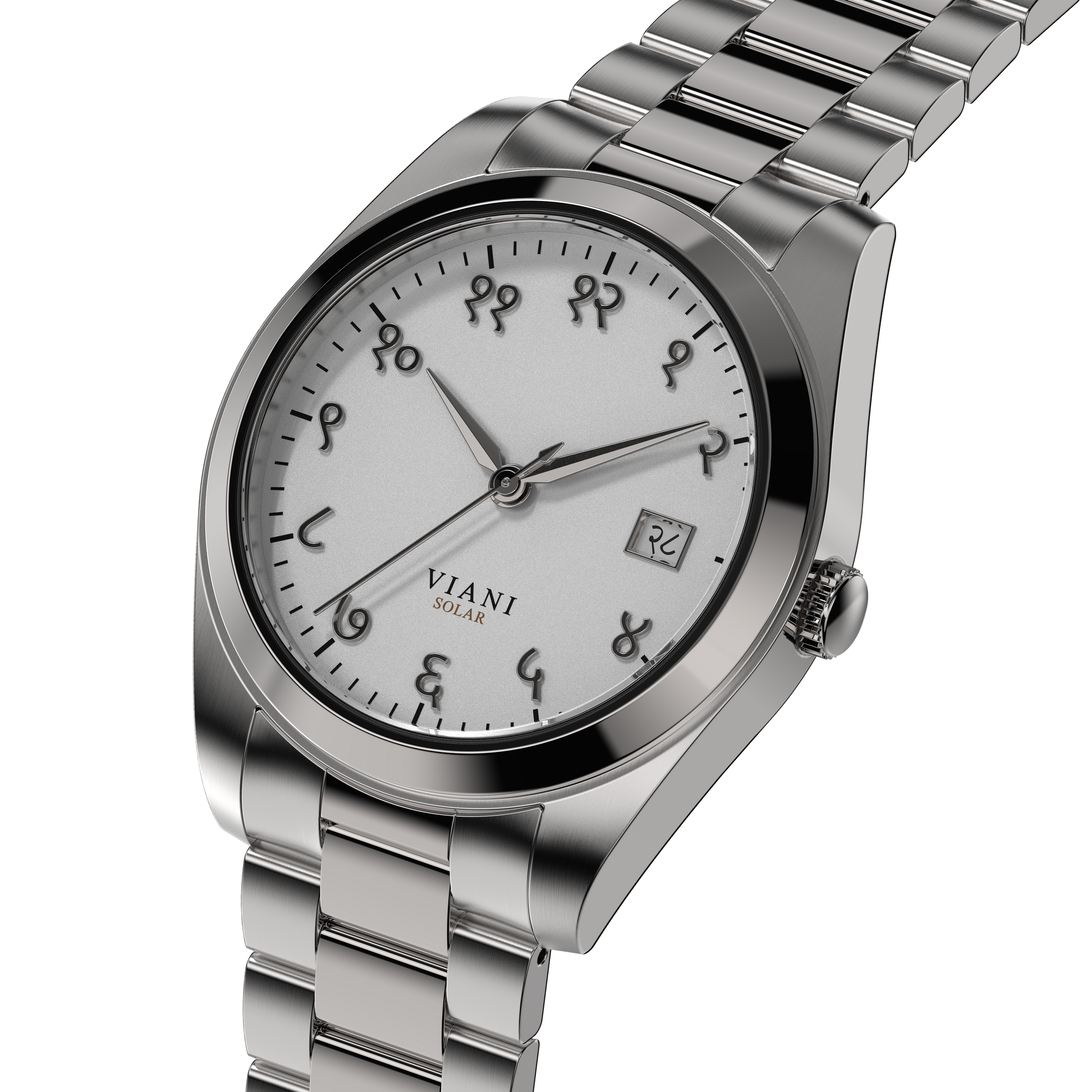 VIANI Watch Company Hindi Numeral, Off White Matte Dial Face, Silver Hour Minute and Second Hands, Hindi Numeral Date Wheel, Solar Movement, Stainless Steel Strap